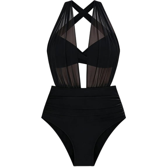 MGDXOX High Waisted Bikini Sets for Women Tummy Control Swimsuits Two Piece Solid Modest Mesh Bathing Suits Black XL