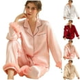 thumbnail image 1 of MGDXOX Imitation Silk Satin Pajamas Set Womens Long Sleepwear Button Down 2 Piece Classic Soft Loungewear Pjs Set Faxu Fur Trim Sets Red M, 1 of 9