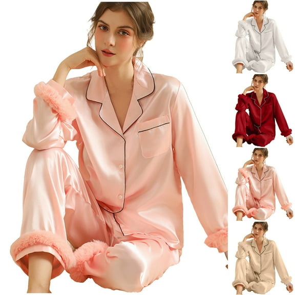MGDXOX Imitation Silk Satin Pajamas Set Womens Long Sleepwear Button Down 2 Piece Classic Soft Loungewear Pjs Set Faxu Fur Trim Sets Red XL