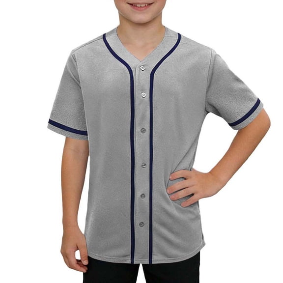 MGDXOX Kids Short Sleeve Baseball Jersey V Neck Full Button Closure Lightweight Breathable Fabric Spring Summer Sports Team Training Casual Wear Gray 6-7Years