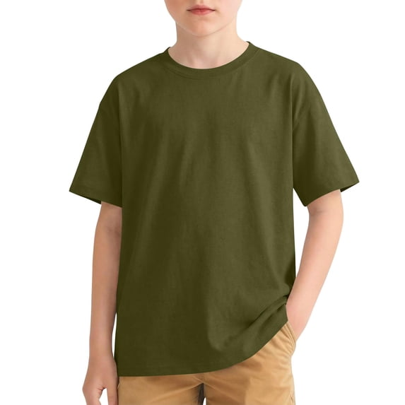 MGDXOX Kids Short Sleeve Crew Neck Basic T Shirt Loose Fit Soft Cotton Fabric Spring Summer Daily Casual School Outdoor Playground Wear Army Green 10-11Years