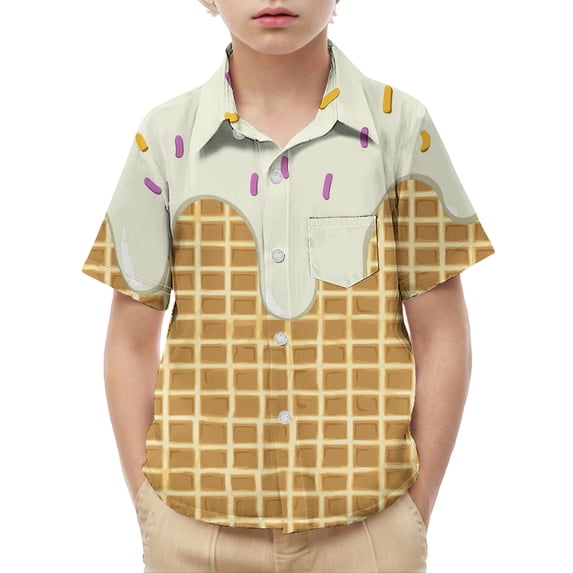 MGDXOX Kids Short Sleeve Ice Cream Print Button Down Shirt Lightweight Breathable Spring Summer Fun Casual Wear Beige 5-6 years
