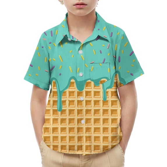 MGDXOX Kids Short Sleeve Ice Cream Print Button Down Shirts Lightweight Breathable Fabric Spring Summer Fun Casual Wear Green 14-15 years