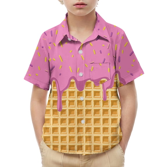 MGDXOX Kids Short Sleeve Ice Cream Print Button Down Shirts Lightweight Breathable Fabric Spring Summer Fun Casual Wear Pink 3-4 years