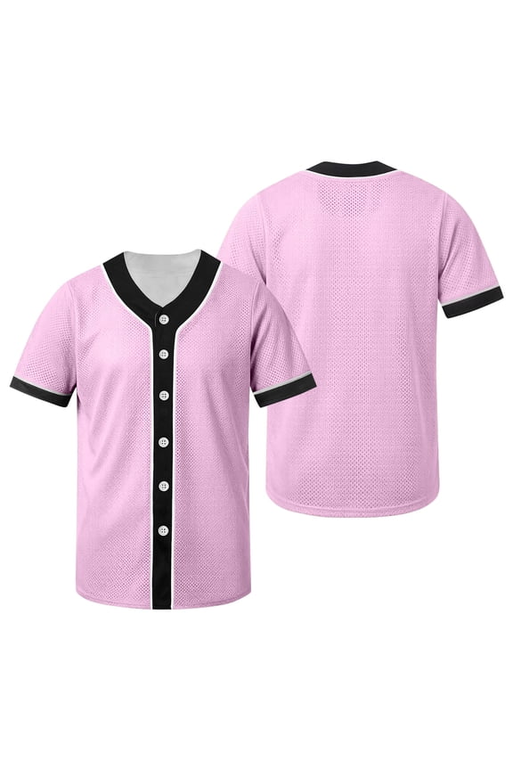 Kids Short Sleeve V Neck Baseball Jersey Button Up Front Breathable Mesh Fabric Spring Summer Sports Practice Casual Team Uniform Wear Pink 90