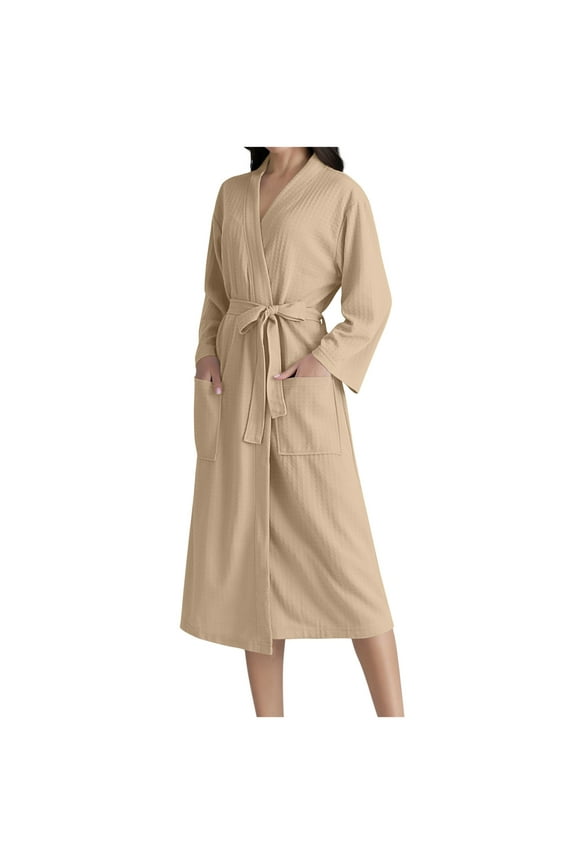 Kimono Lightweight Bathrobe for Women Long Sleeve Terry Cloth Robes Knee Length Towel Bathrobe with Belt Beige L