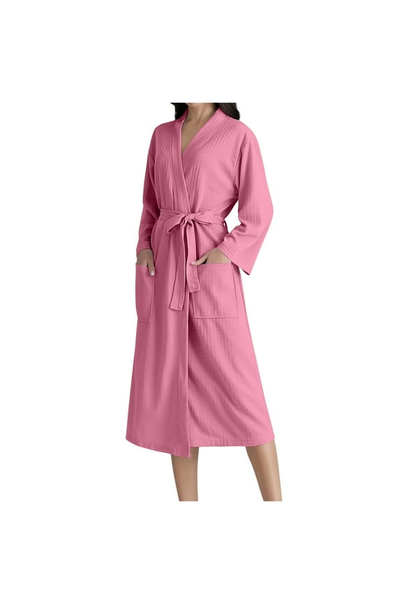 Kimono Lightweight Bathrobe for Women Long Sleeve Terry Cloth Robes Knee Length Towel Bathrobe with Belt Hot Pink M