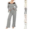 thumbnail image 1 of MGDXOX Lace Patchwork Pajamas for Women Set Soft 2 Piece Pjs Flare Long Sleeve and Ruffled Hem Pants Sleep Set Loungewear With Pocket Gray XL, 1 of 5