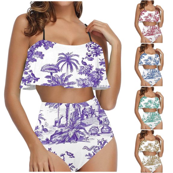 MGDXOX Layered Ruffle Bikini Womens High Waisted Bikini Sets Spaghetti Bandeau Swimsuits Two Piece Fashion Bathing Suit Purple XXL