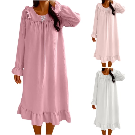 MGDXOX Long Nightgown for Women Cute Ruffle Long-sleeve Crewneck Sleepwear Casual Loose Loungewear Oversized Sleepdress Red M