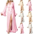 thumbnail image 1 of MGDXOX Long Robes Pajama for Women Fuzzy Trim Decor Long Sleeve Sleep Robes Sheer Lingerie Tie Waist Nightgowns Yellow L, 1 of 4