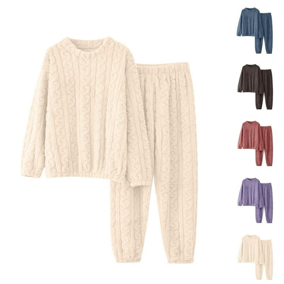 MGDXOX Lounge Sets for Women Warm Flannel Pajama Set Cable Knit Pajamas Soft Fuzzy Top and Pants Set 2 Piece Winter Outfits Pink Free Size