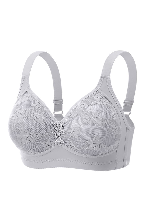 Medium Wide Adjustable Strap Allover Maple Leaf Lace V Neck Rhinestone Ornament Underwire Side Contour Bra Gray 36