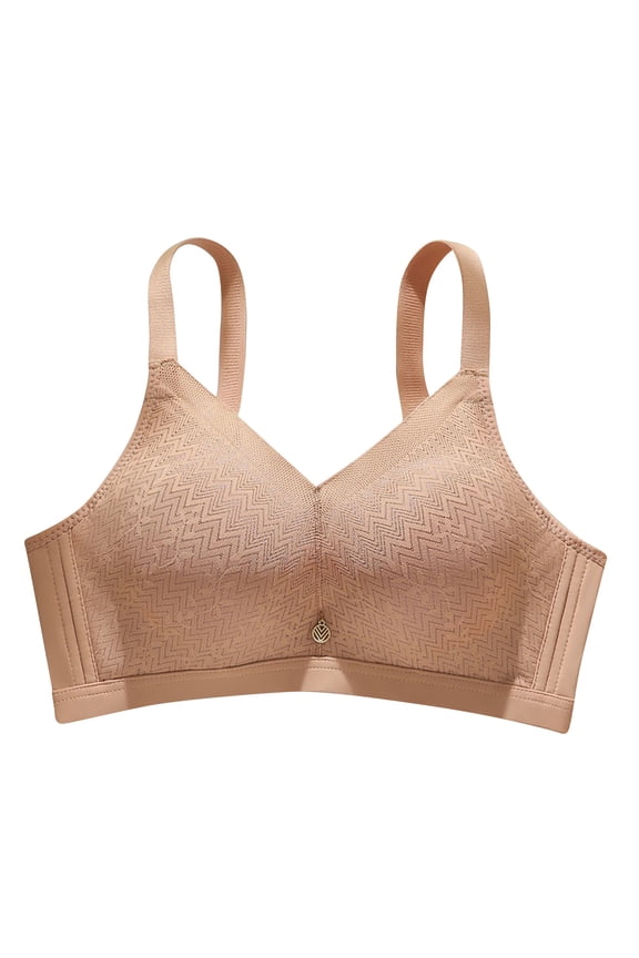 Medium Wide Adjustable Strap Geometric Jacquard V Neck Rhinestone Accent Wireless Everyday Comfort Bra Khaki 42