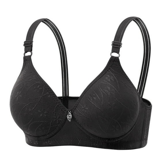 MGDXOX Medium Wide Adjustable Strap Leaf Jacquard V Neck Tiny Rhinestone Front Underwire Side Contour Shaping Bra Black 38