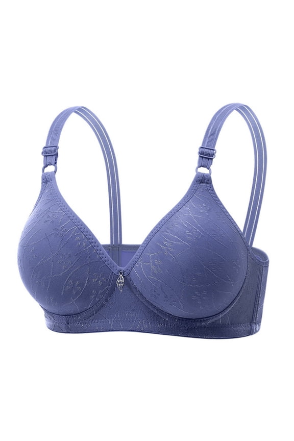 Medium Wide Adjustable Strap Leaf Jacquard V Neck Tiny Rhinestone Front Underwire Side Contour Shaping Bra Blue 36