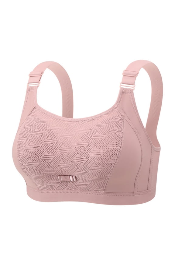 Medium Wide Adjustable Strap U Neck Geometric Embossed Texture Metal Accent Wireless Minimal Daily Support Bra Pink 38