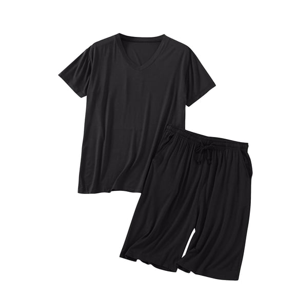 MGDXOX Men's 2 Piece Pajamas Set Summer Lounge Set Short V Neck Comfy Fall Oversized Soft Modal Lightweight Pj Set Black XXXXL