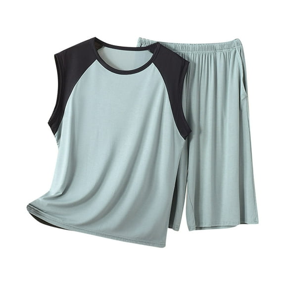 MGDXOX Men's Modal Pajama Sets Casual Sleeveless Crewneck Lightweight Tops and Shorts PJs Lounge Color Block Set 2 Pieces Light Blue XXXL