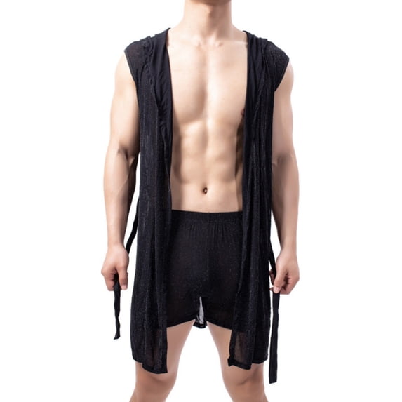 MGDXOX Men's Robe with Hood Sheer Soft Bathrobe Lightweight Pajamas Shirt Open Front Summer Shawl Robe with Adjustable Belt Black M