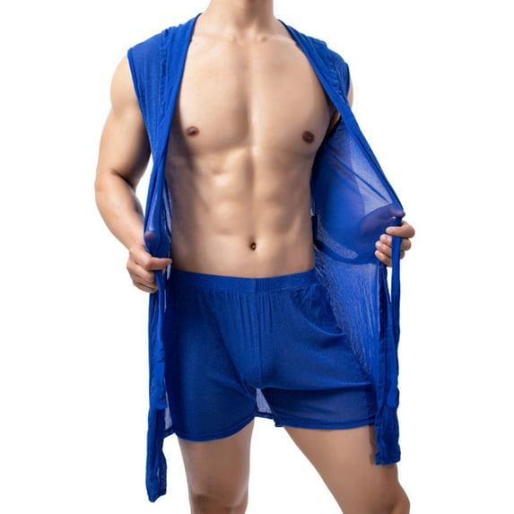 MGDXOX Men's Robe with Hood Sheer Soft Bathrobe Lightweight Pajamas Shirt Open Front Summer Shawl Robe with Adjustable Belt Blue M