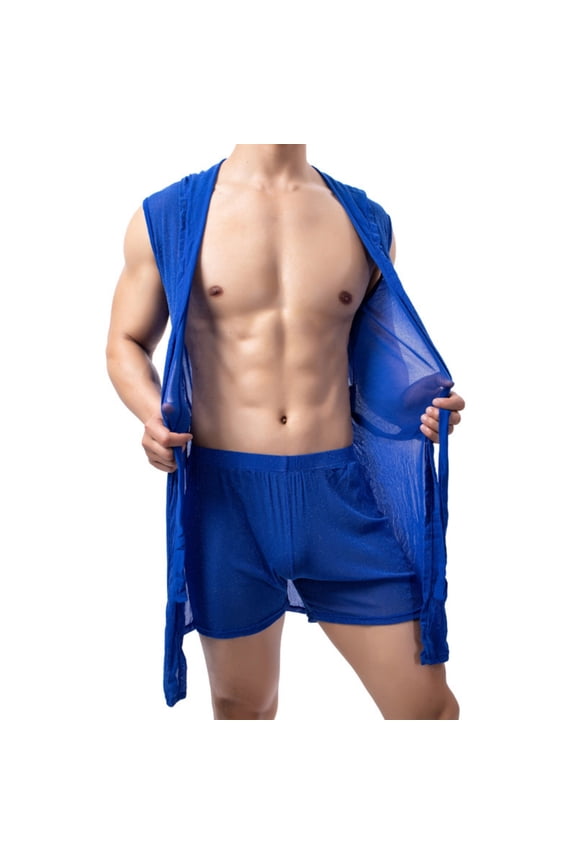 Men's Robe with Hood Sheer Soft Bathrobe Lightweight Pajamas Shirt Open Front Summer Shawl Robe with Adjustable Belt Blue XL