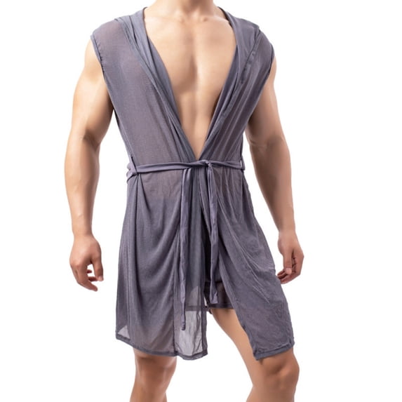 MGDXOX Men's Robe with Hood Sheer Soft Bathrobe Lightweight Pajamas Shirt Open Front Summer Shawl Robe with Adjustable Belt Gray L