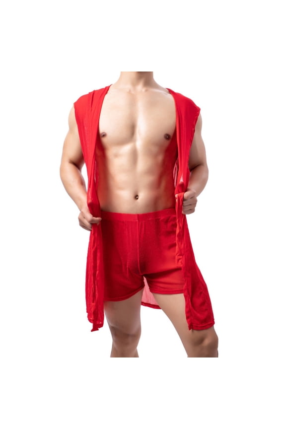 Men's Robe with Hood Sheer Soft Bathrobe Lightweight Pajamas Shirt Open Front Summer Shawl Robe with Adjustable Belt Red S