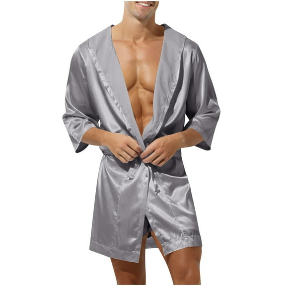 MGDXOX Men's Summer Satin Robe Short Silky Kimono Bathrobe with Hood Lightweight Solid Soft Loungewear Nightwear Gray L