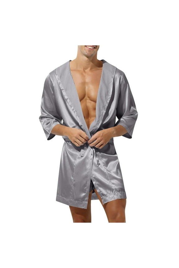 Men's Summer Satin Robe Short Silky Kimono Bathrobe with Hood Lightweight Solid Soft Loungewear Nightwear Gray M