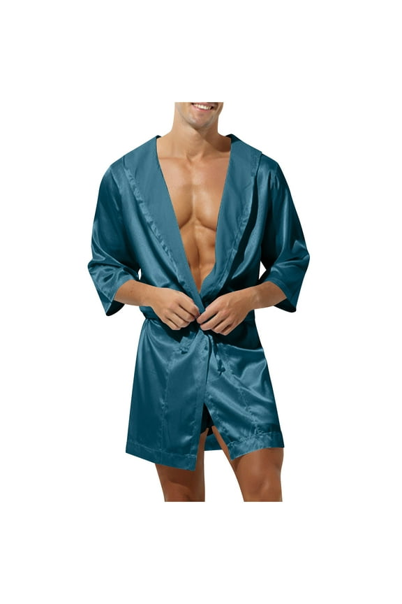 Men's Summer Satin Robe Short Silky Kimono Bathrobe with Hood Lightweight Solid Soft Loungewear Nightwear Navy XL