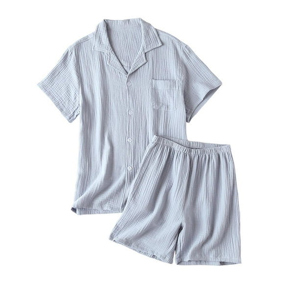 MGDXOX Mens Cotton Pajamas Set Plus Size Cotton Gauze Pj Sets Short Sleeve Button Down Sleepwear Soft Solid Pj Lounge Sets Gray M