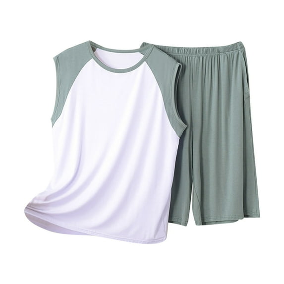 MGDXOX Modal Pajama Sets for Men Casual Sleeveless Crewneck Lightweight Tops and Shorts PJs Lounge Color Block Set 2 Pieces Green XXXXXL
