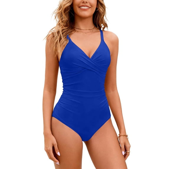 MGDXOX One Piece Backless Swimsuit for Women V Neck Tummy Control Bathing Suit Slimming Full Coverage Swim Suits Blue XXL