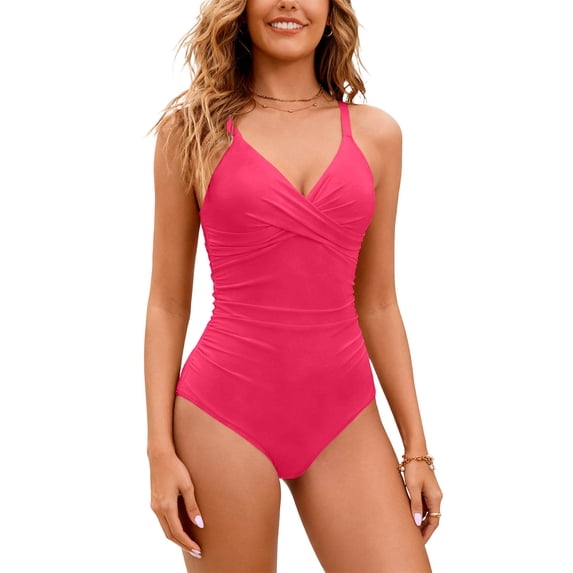 MGDXOX One Piece Backless Swimsuit for Women V Neck Tummy Control Bathing Suit Slimming Full Coverage Swim Suits Hot Pink XXL
