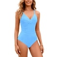 thumbnail image 1 of MGDXOX One Piece Backless Swimsuit for Women V Neck Tummy Control Bathing Suit Slimming Full Coverage Swim Suits Light Blue S, 1 of 5