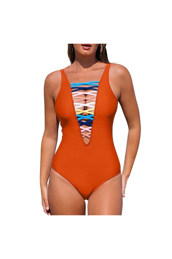 One Piece Bathing Suit for Women Crisscross Lace-Up Front Swimsuit Deep V Neck Hollow-Out Bathing Suit Orange M
