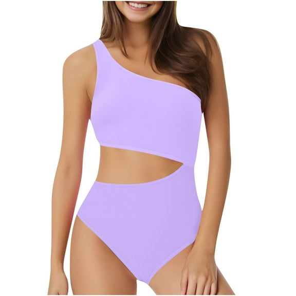 MGDXOX One Piece Bathing Suit for Women One Shoulder Swimsuit Tummy Control Cutout Padded Spring Fashion Monokini Swimwear Purple M