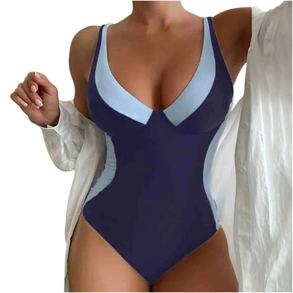 MGDXOX One Piece Bathing Suit for Women Vintage Padded Push Up Swimsuits Tummy Control Bathing Suits Plus Size Swimwear Navy L