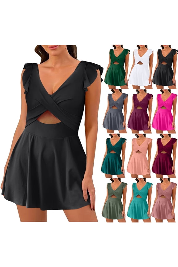 One Piece Swimdress Swimsuit for Women Tummy Control Ruffle Swim Dress Skirt V Neck Cutout Wrap Bathing Suit Red XXL