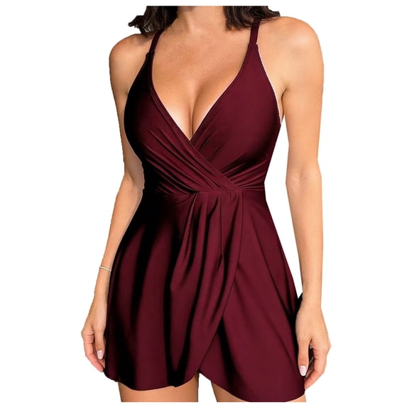 MGDXOX One Piece Swimsuit for Womens Tummy Control Swimsuit Push Up Padded Bathing Suit High Waist Ruffle Modest Swimdress Wine S