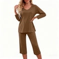 thumbnail image 1 of MGDXOX Pajama Set for Women 3/4 Sleeve V Neck Top with Capri Pants Pjs 2 Piece Loungewear Solid Color Soft Fall Sleepwear Brown S, 1 of 7