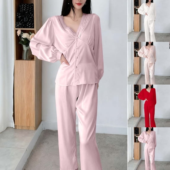 MGDXOX Pajamas for Women Set Silk Pjs 2 Piece Satin Sleepwear Long Sleeve Button Down Lounge Sets with Long Pants White L