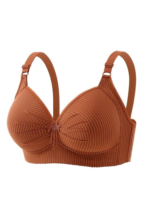 Plus Size Adjustable Strap Vertical Strip V Neck Decor Pendant Wireless Full Coverage Support Everyday Bra Brown XS