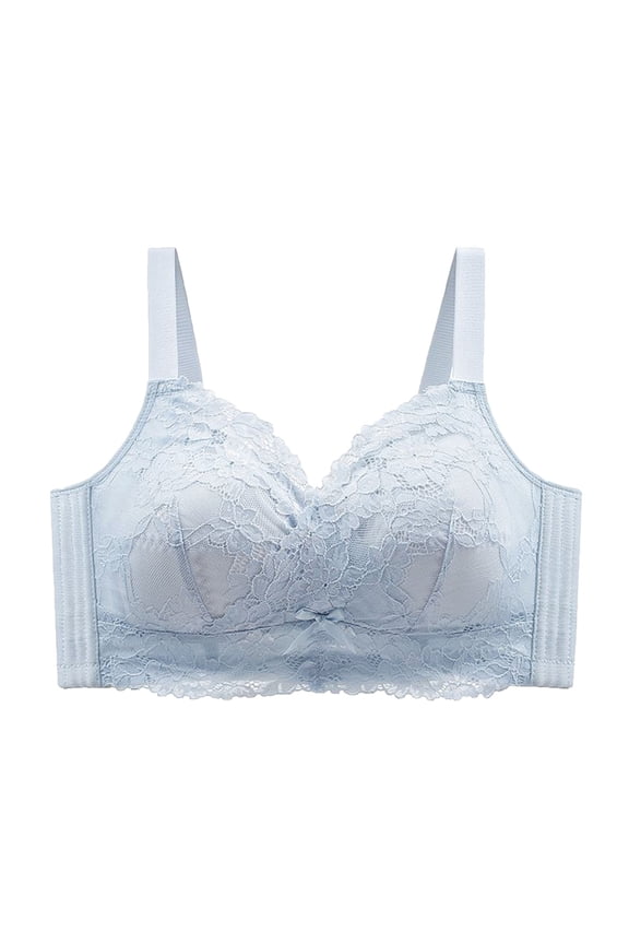 Plus Size Bow Front Full Floral Lace V Neck Wireless Wide Strap Full Coverage Comfort Everyday Bra Blue L