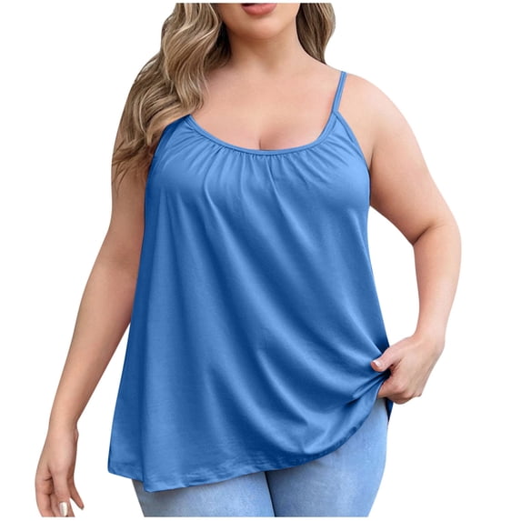 MGDXOX Plus Size Camisole for Women Built in Bra Tank Tops Flowy Cami Loose Fit Stretch Tank Spaghetti Top Pleated Loose Vest Blue L