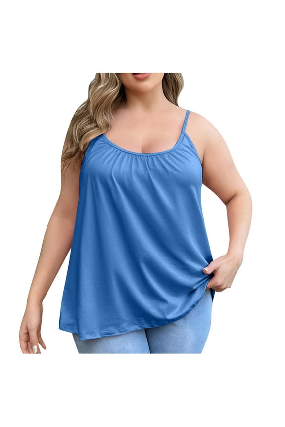 Plus Size Camisole for Women Built in Bra Tank Tops Flowy Cami Loose Fit Stretch Tank Spaghetti Top Pleated Loose Vest Blue XXXL