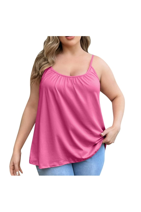 Plus Size Camisole for Women Built in Bra Tank Tops Flowy Cami Loose Fit Stretch Tank Spaghetti Top Pleated Loose Vest Hot Pink XS