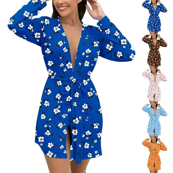 MGDXOX Plus Size Floral Robes for Women Soft Kimonos Bridesmaid Party Dressing Gown Sleepwear Ladies Loungewear Blue XXXL