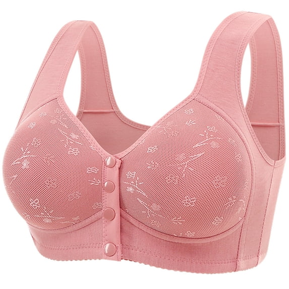 MGDXOX Plus Size Front Multi-button Floral Emboss V Neck Wide Vest Strap Wireless Breathable Maternity Nursing Bra Pink 44